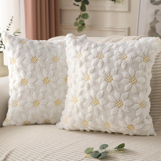 Spring Summer Pillow Covers 18x18 inch Set of 2 Farmhouse Decor Yellow Color Flower Heart Sunflower Soft Plush Faux Fur Jacquard Throw Pillows for Sofa Holiday Spring Home Decor PTK024C18